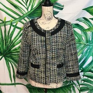 Sandro Paris M Spring Preppy Colorful Green Blue Black Tweed Snap Suit Jacket